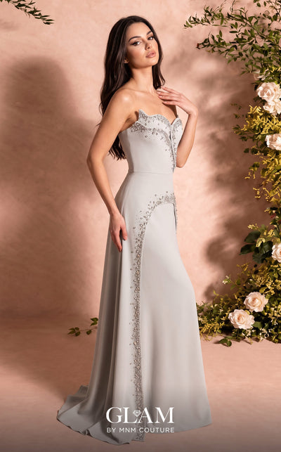 MNM Couture O07828 strapless crepe column gown with sweetheart corset, crystals, arch cut, and overskirt train