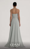 MNM Couture O07828 strapless crepe column gown with sweetheart corset, crystals, arch cut, and overskirt train