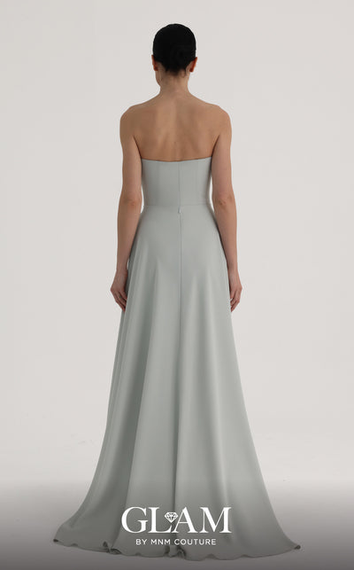 MNM Couture O07828 strapless crepe column gown with sweetheart corset, crystals, arch cut, and overskirt train