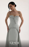 MNM Couture O07828 strapless crepe column gown with sweetheart corset, crystals, arch cut, and overskirt train