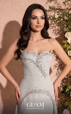MNM Couture O07828 strapless crepe column gown with sweetheart corset, crystals, arch cut, and overskirt train