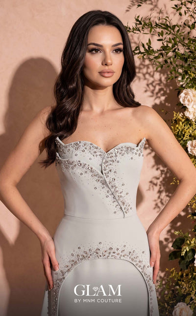 MNM Couture O07828 strapless crepe column gown with sweetheart corset, crystals, arch cut, and overskirt train