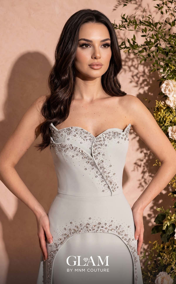 MNM Couture O07828 strapless crepe column gown with sweetheart corset, crystals, arch cut, and overskirt train