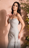 MNM Couture O07828 strapless crepe column gown with sweetheart corset, crystals, arch cut, and overskirt train