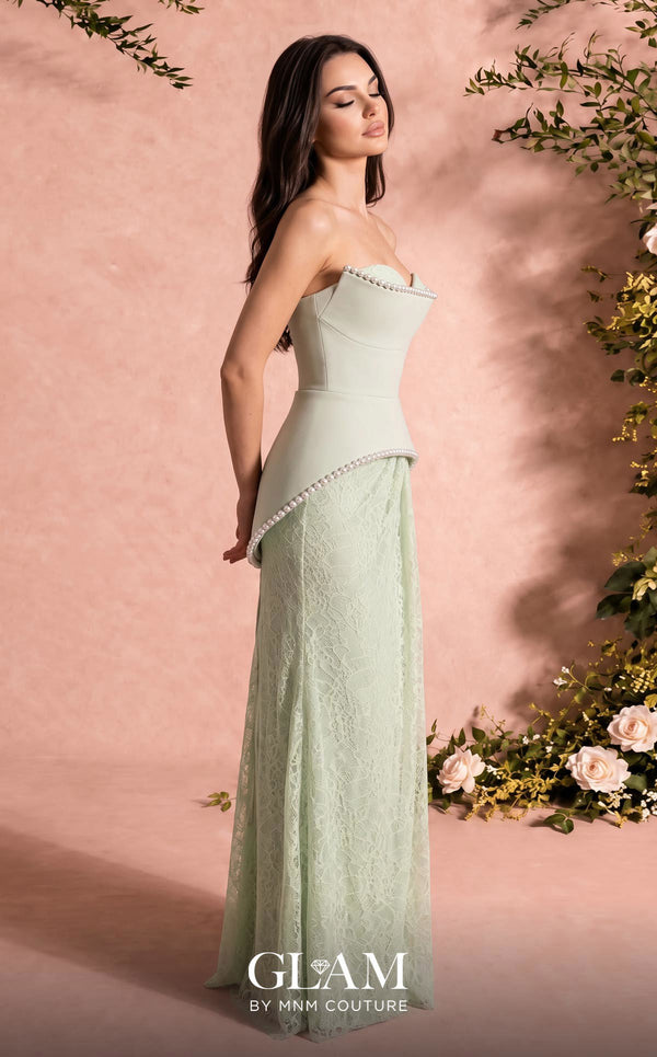MNM Couture Style O07829 crepe and lace A-line gown with pearl-embellished corset and elegant draped lace skirt | Couture Shop LA