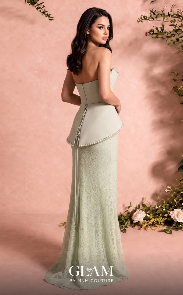 MNM Couture Style O07829 crepe and lace A-line gown with pearl-embellished corset and elegant draped lace skirt | Couture Shop LA