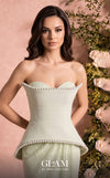 MNM Couture Style O07829 crepe and lace A-line gown with pearl-embellished corset and elegant draped lace skirt | Couture Shop LA