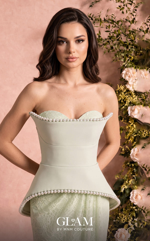MNM Couture Style O07829 crepe and lace A-line gown with pearl-embellished corset and elegant draped lace skirt | Couture Shop LA
