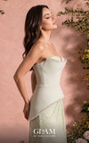 MNM Couture Style O07829 crepe and lace A-line gown with pearl-embellished corset and elegant draped lace skirt | Couture Shop LA