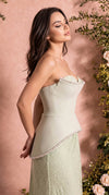 MNM Couture Style O07829 crepe and lace A-line gown with pearl-embellished corset and elegant draped lace skirt | Couture Shop LA