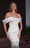 MNM Couture O07835 black stretch crepe mermaid gown with high folded satin drape at left shoulder, diagonal neckline, satin cap down right arm, wide satin waistband, asymmetric left hip satin panel, 3D floral appliqués with crystals and pearls, open back, and sweep train | Couture Shop LA