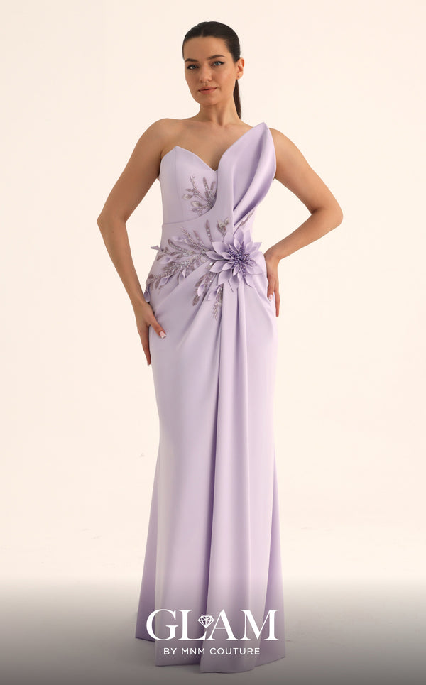 MNM Couture O07836 strapless crepe column gown with sweetheart neckline, beaded floral waist focal point, and high left slit