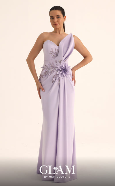 MNM Couture O07836 strapless crepe column gown with sweetheart neckline, beaded floral waist focal point, and high left slit