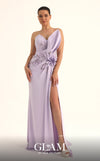MNM Couture O07836 strapless crepe column gown with sweetheart neckline, beaded floral waist focal point, and high left slit