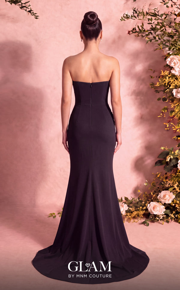 MNM Couture O07836 strapless crepe column gown with sweetheart neckline, beaded floral waist focal point, and high left slit