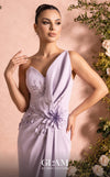 MNM Couture O07836 strapless crepe column gown with sweetheart neckline, beaded floral waist focal point, and high left slit