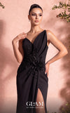 MNM Couture O07836 strapless crepe column gown with sweetheart neckline, beaded floral waist focal point, and high left slit