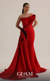 MNM Couture O07840 asymmetric strapless crepe mermaid gown with hand-pleated organza, floral appliqués, and cascading train