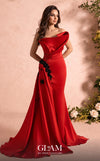 MNM Couture O07840 asymmetric strapless crepe mermaid gown with hand-pleated organza, floral appliqués, and cascading train