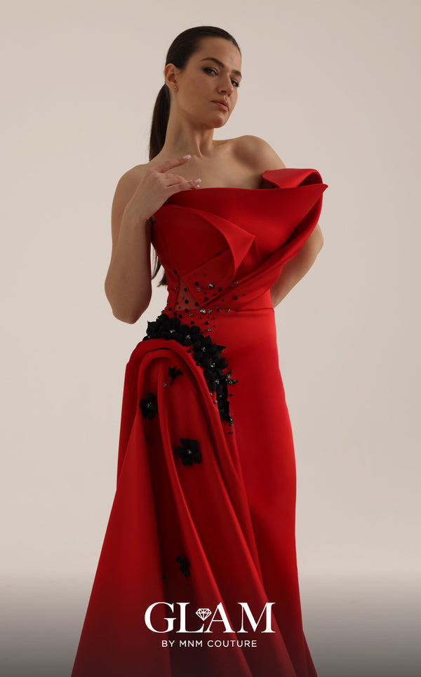 MNM Couture O07840 asymmetric strapless crepe mermaid gown with hand-pleated organza, floral appliqués, and cascading train