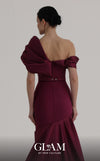 MNM Couture Style O07841 one-shoulder mermaid gown with asymmetric satin short train | Couture Shop LA