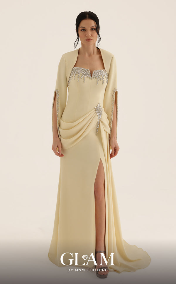MNM Couture Style O07851 strapless crepe gown with rhinestone bolero, asymmetric waist drape, and pendant brooch | Couture Shop LA