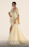 MNM Couture Style O07851 strapless crepe gown with rhinestone bolero, asymmetric waist drape, and pendant brooch | Couture Shop LA