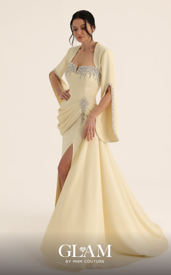 MNM Couture Style O07851 strapless crepe gown with rhinestone bolero, asymmetric waist drape, and pendant brooch | Couture Shop LA
