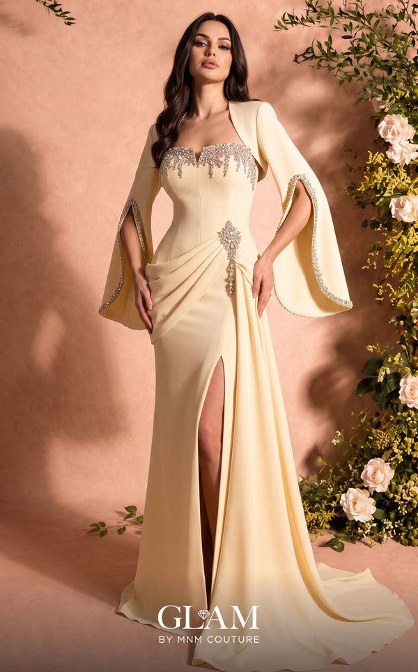 MNM Couture Style O07851 strapless crepe gown with rhinestone bolero, asymmetric waist drape, and pendant brooch | Couture Shop LA