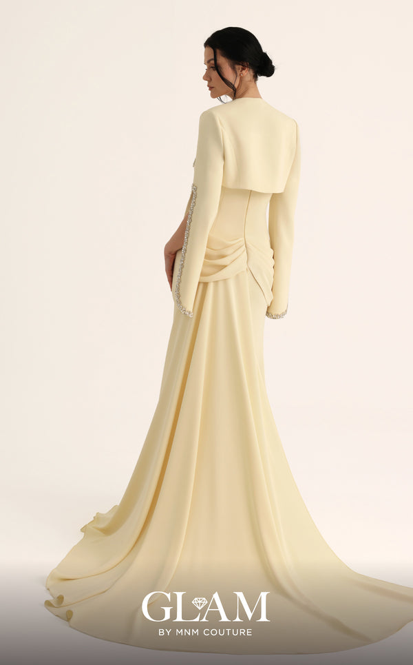 MNM Couture Style O07851 strapless crepe gown with rhinestone bolero, asymmetric waist drape, and pendant brooch | Couture Shop LA