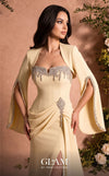 MNM Couture Style O07851 strapless crepe gown with rhinestone bolero, asymmetric waist drape, and pendant brooch | Couture Shop LA