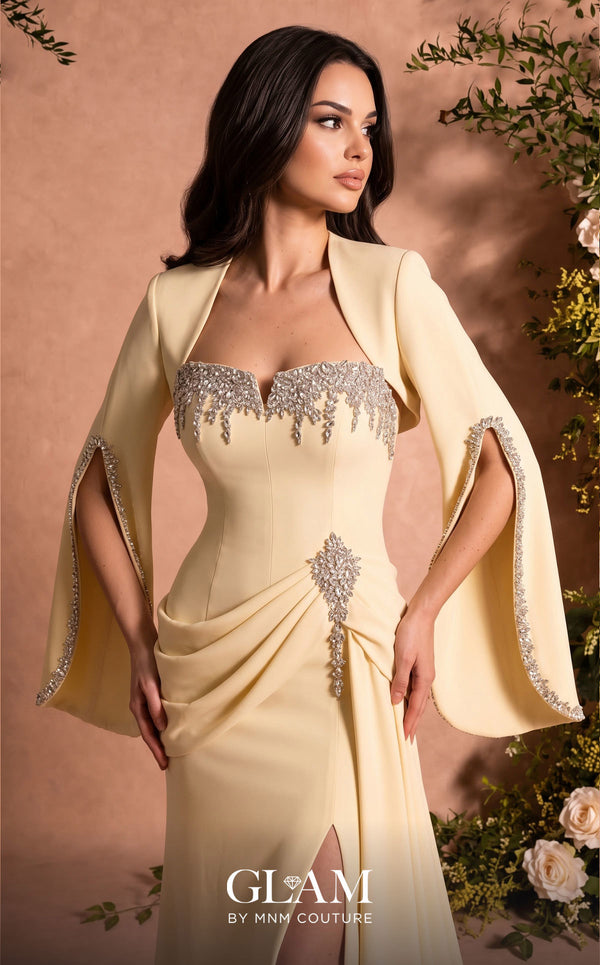 MNM Couture Style O07851 strapless crepe gown with rhinestone bolero, asymmetric waist drape, and pendant brooch | Couture Shop LA