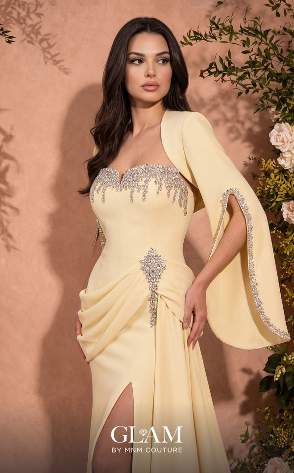 MNM Couture Style O07851 strapless crepe gown with rhinestone bolero, asymmetric waist drape, and pendant brooch | Couture Shop LA