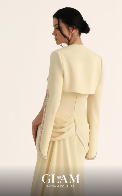 MNM Couture Style O07851 strapless crepe gown with rhinestone bolero, asymmetric waist drape, and pendant brooch | Couture Shop LA