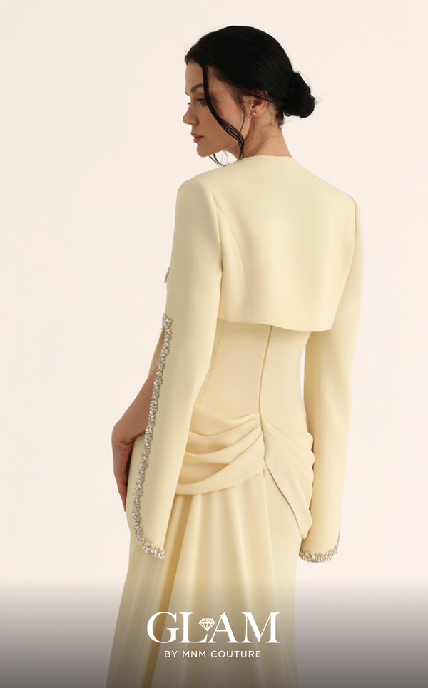 MNM Couture Style O07851 strapless crepe gown with rhinestone bolero, asymmetric waist drape, and pendant brooch | Couture Shop LA
