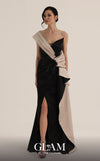 MNM Couture O07853 one-shoulder rayon crepe gown with deep-v mesh neckline, beadwork, and draped side train