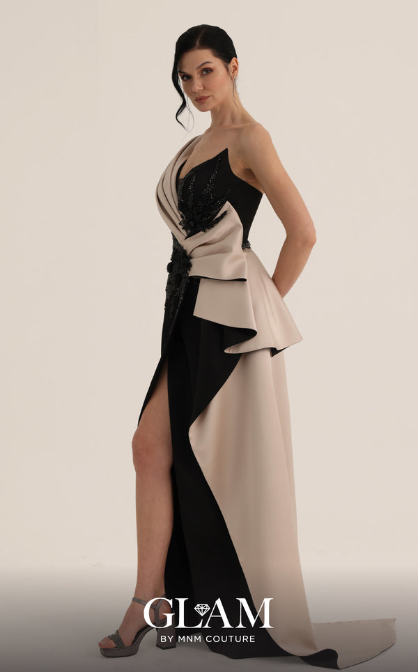 MNM Couture O07853 one-shoulder rayon crepe gown with deep-v mesh neckline, beadwork, and draped side train
