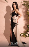 MNM Couture O07853 one-shoulder rayon crepe gown with deep-v mesh neckline, beadwork, and draped side train