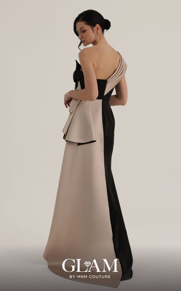MNM Couture O07853 one-shoulder rayon crepe gown with deep-v mesh neckline, beadwork, and draped side train
