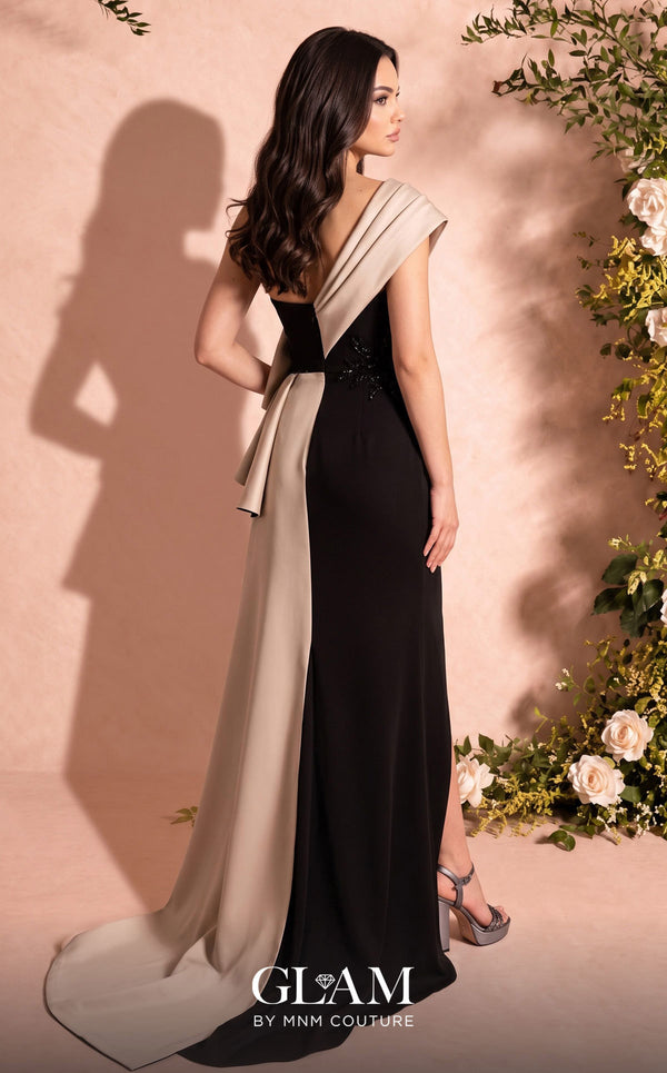MNM Couture O07853 one-shoulder rayon crepe gown with deep-v mesh neckline, beadwork, and draped side train