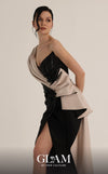 MNM Couture O07853 one-shoulder rayon crepe gown with deep-v mesh neckline, beadwork, and draped side train