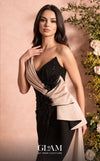 MNM Couture O07853 one-shoulder rayon crepe gown with deep-v mesh neckline, beadwork, and draped side train