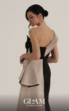 MNM Couture O07853 one-shoulder rayon crepe gown with deep-v mesh neckline, beadwork, and draped side train