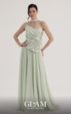 MNM Couture O07856 strapless soft crepe A-line gown with sweetheart neckline, crystals, and laser-cut flowers