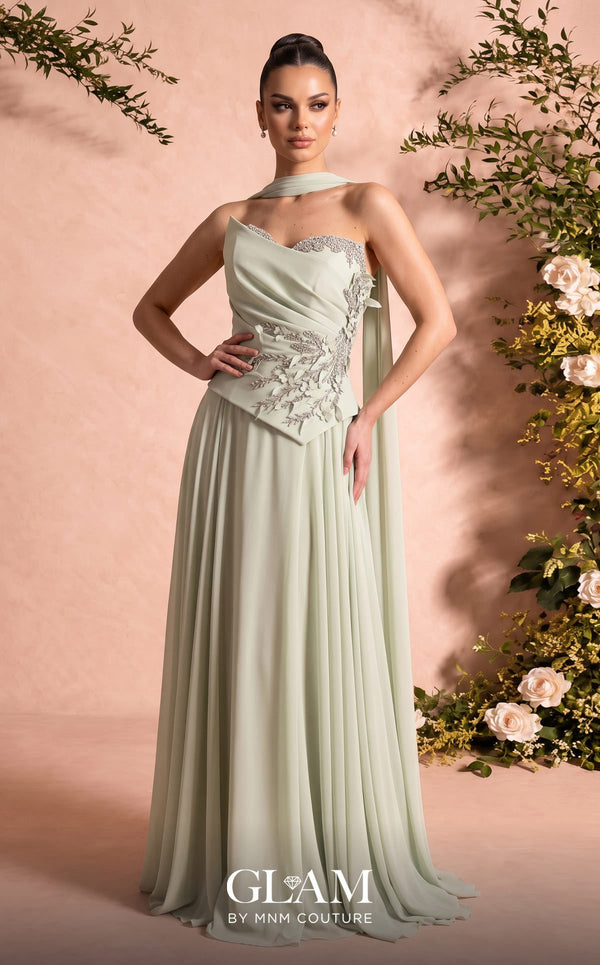 MNM Couture O07856 strapless soft crepe A-line gown with sweetheart neckline, crystals, and laser-cut flowers