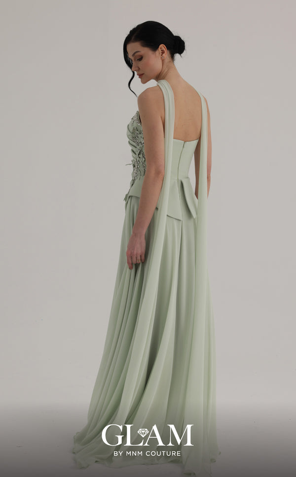 MNM Couture O07856 strapless soft crepe A-line gown with sweetheart neckline, crystals, and laser-cut flowers
