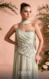 MNM Couture O07856 strapless soft crepe A-line gown with sweetheart neckline, crystals, and laser-cut flowers