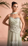 MNM Couture O07856 strapless soft crepe A-line gown with sweetheart neckline, crystals, and laser-cut flowers