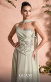 MNM Couture O07856 strapless soft crepe A-line gown with sweetheart neckline, crystals, and laser-cut flowers