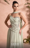 MNM Couture O07856 strapless soft crepe A-line gown with sweetheart neckline, crystals, and laser-cut flowers